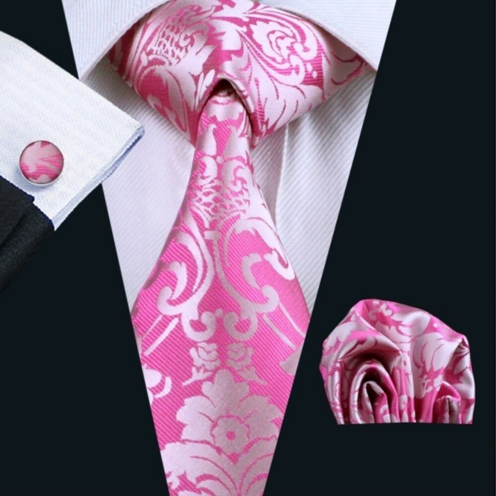 NEW Rose Pink Light Pink Damask 100% Woven Silk Tie Cufflink Hanky Set